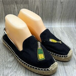 Soludos Black Espadrille Slip-Ons with Champagne Bottle & Flute Embroidery